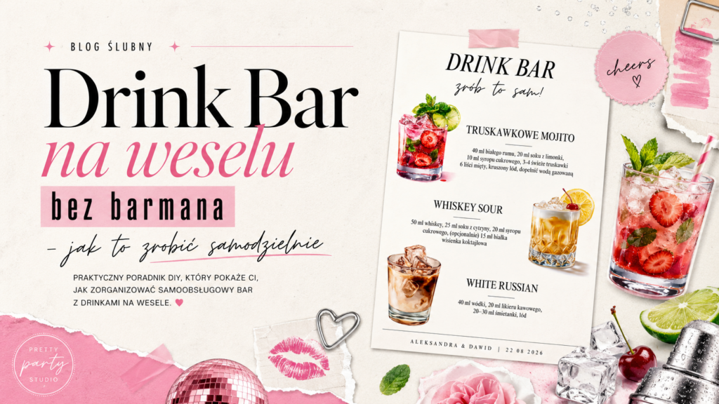 Szablon menu drink bar DIY na wesele do edycji w Canva z przepisami na drinki w otoczeniu różowych dodatków i koktajli