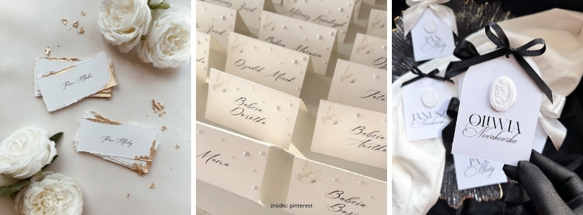 Eleganckie winietki weselne z czarną wstążką i ozdobną pieczęcią lakową na jasnym tle z białymi różami