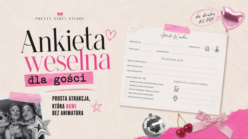 Ankieta weselna dla gości w formacie A5 do druku PDF, szablon gry weselnej w estetyce różowej z kokardką i dyskotekową kulą.