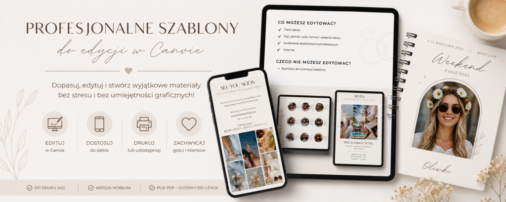 Mockup szablonu na wieczór panieński na ekranie tabletu i telefonu obok notesu A5 – prosta edycja w darmowej Canvie bez umiejętności graficznych.