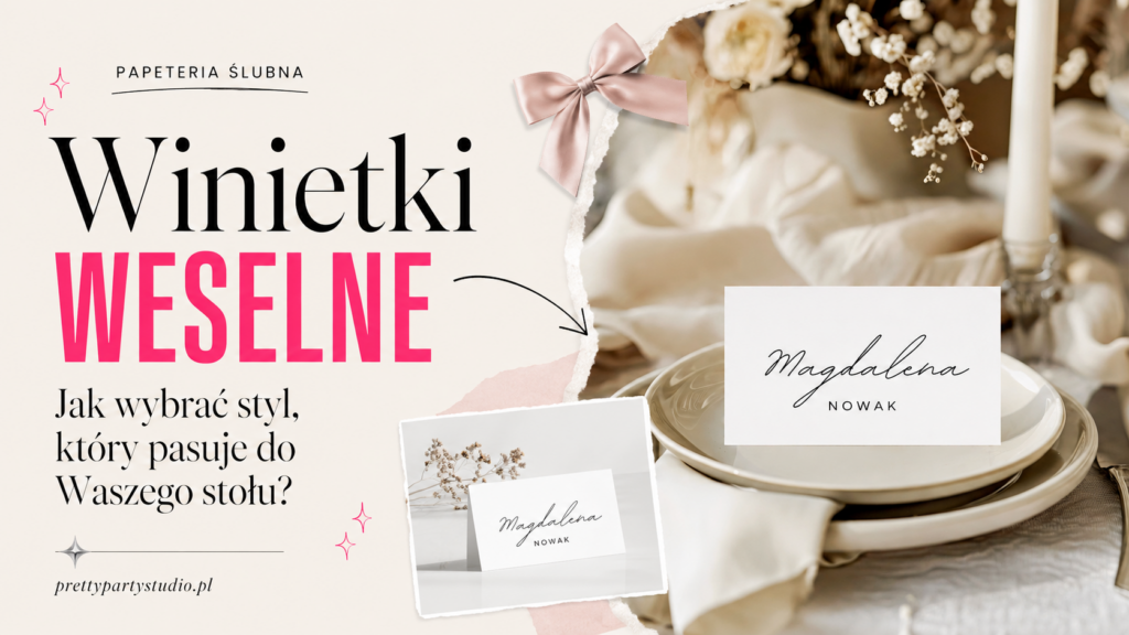 "Grafika z napisem Winietki Weselne prezentująca minimalistyczne wizytówki ślubne do edycji w Canva na eleganckim stole