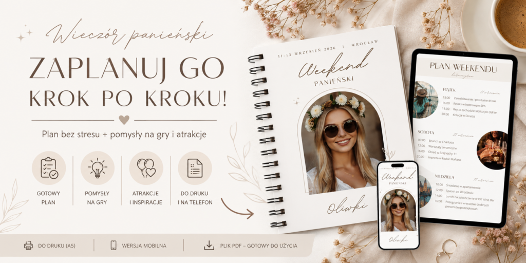 Przewodnik i harmonogram weekendu panieńskiego w notesie spiralnym A5, tablecie i smartfonie w otoczeniu suszonych kwiatów gipsówki.