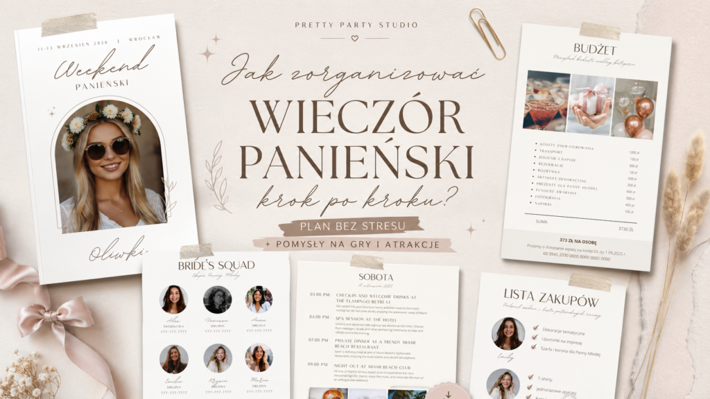 Planner wieczoru panieńskiego w beżowym stylu boho – karty budżetu, harmonogramu, listy zakupów i ekipy Bride's Squad do druku i edycji Canva.