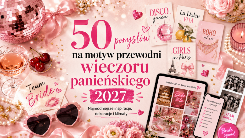 Baner promocyjny: 50 pomysłów na motyw przewodni wieczoru panieńskiego 2027, z tabletami, kartami motywów i różowymi dekoracjami
