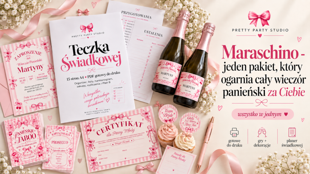 Maraschino – kompletny zestaw na wieczór panieński z Teczka Świadkowej, grami, zaproszeniem, certyfikatem, topperami i etykietami na prosecco
