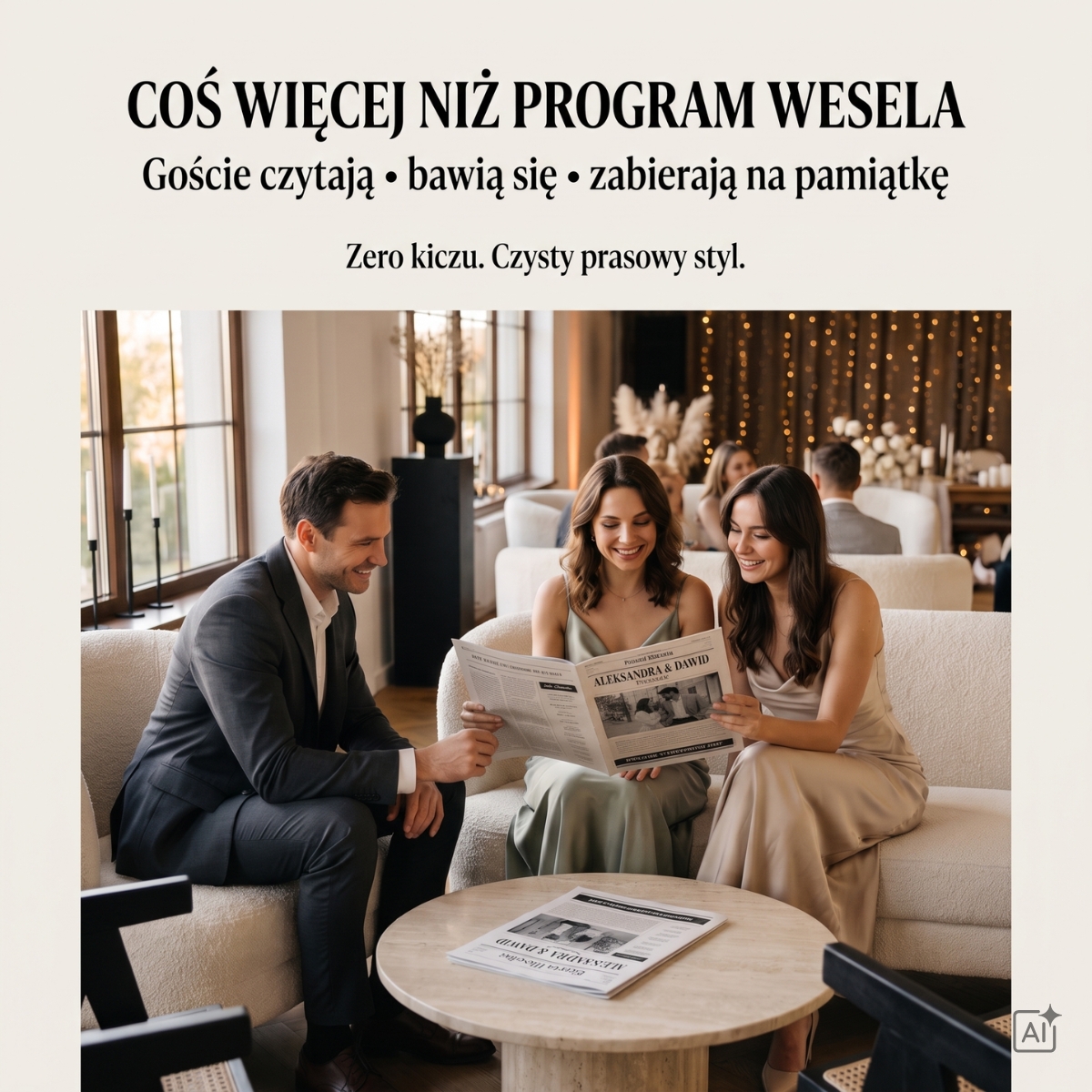 Goście weselni w eleganckich strojach siedzący na sofie i czytający gazetę weselną w stylu prasowym