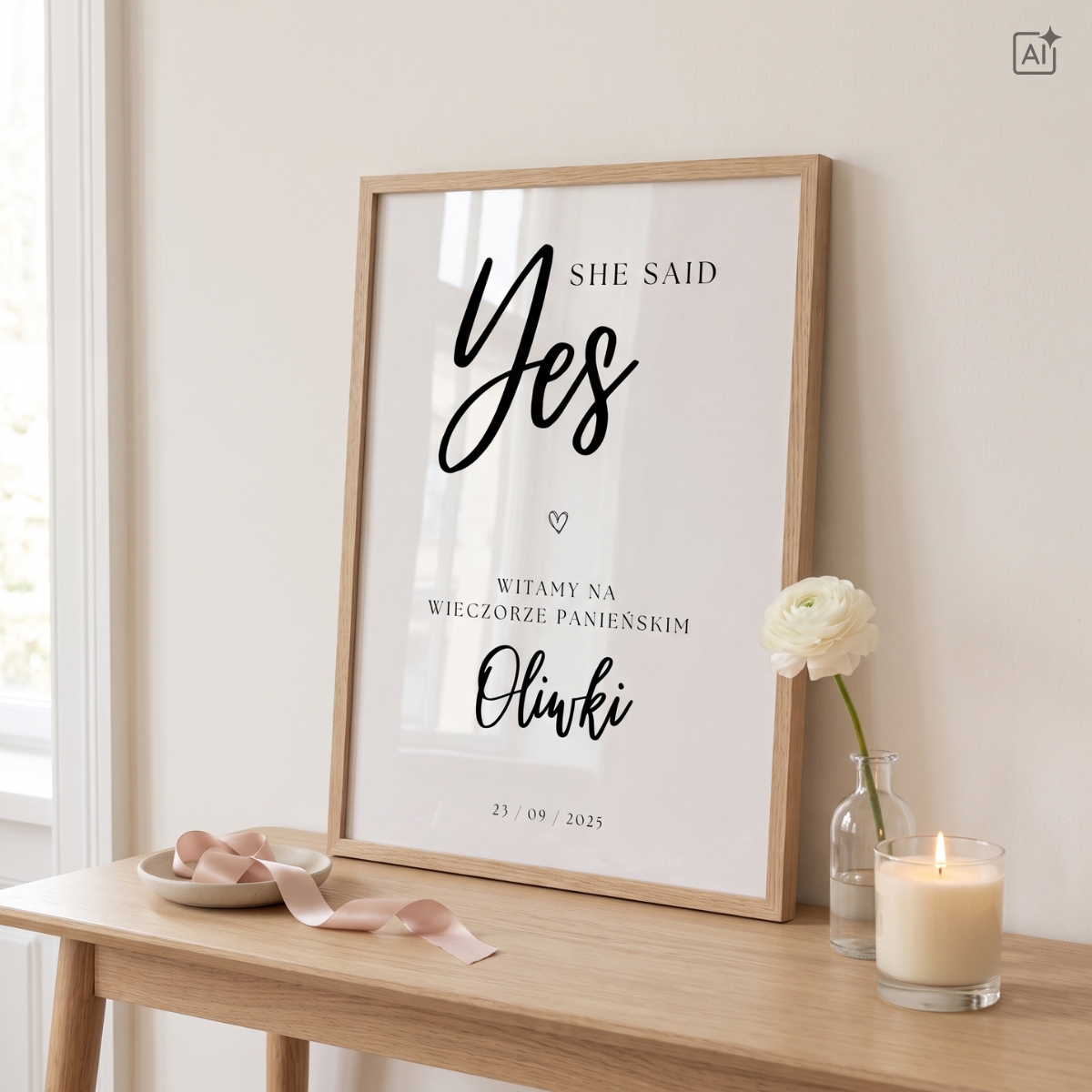 Plakat A4 na wieczór panieński She Said Yes w drewnianej ramie – personalizowana dekoracja dla Panny Młodej