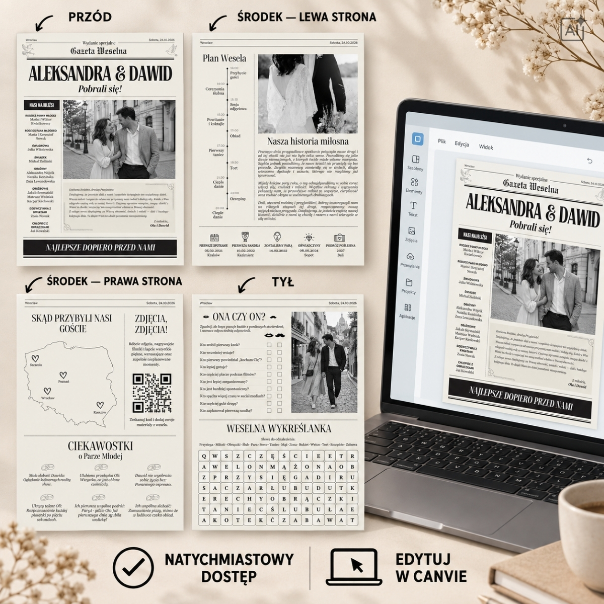 Widok czterech stron gazety weselnej oraz laptopa z otwartym edytorem Canva pokazującym łatwą edycję szablonu