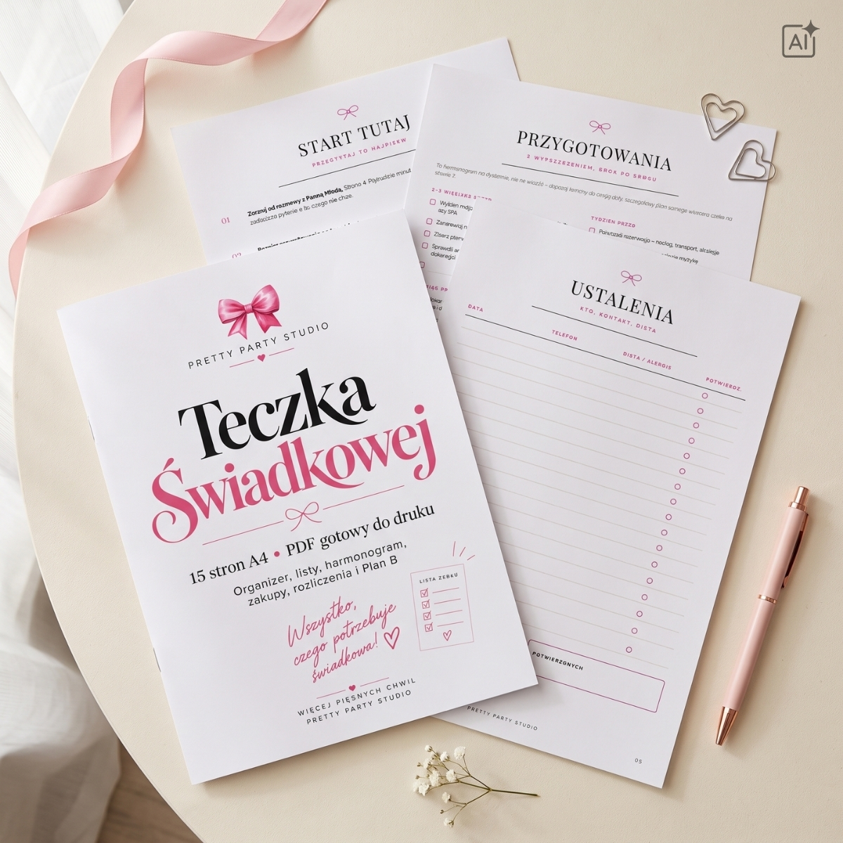 Teczka Świadkowej PDF do druku – planer organizacji wieczoru panieńskiego z checklistami, harmonogramem i listą gości