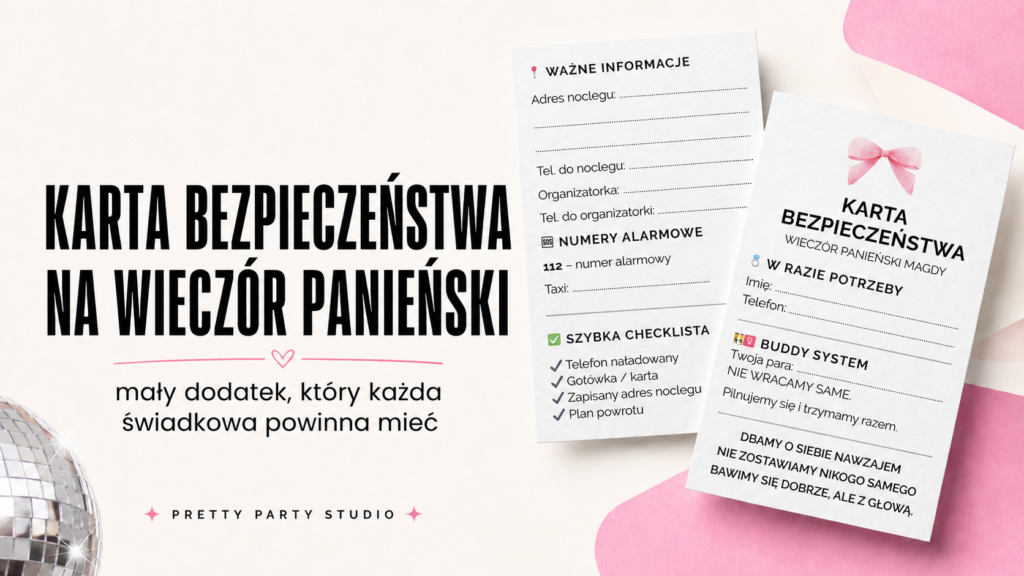 Różowa karta bezpieczeństwa na wieczór panieński do druku, pokazana obok kuli disco na kremowym tle.