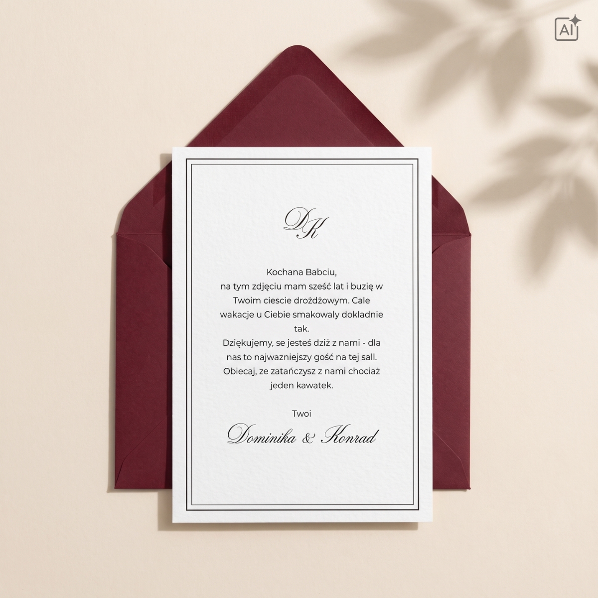 Kartka z podziękowaniem dla gościa w bordowej kopercie – personalizowany list weselny A6