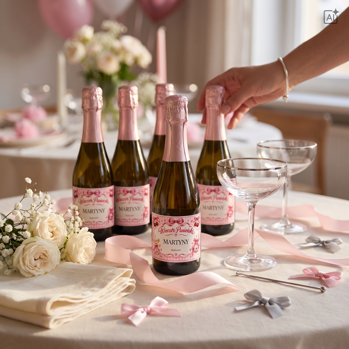 Personalizowane etykiety na mini prosecco na wieczór panieński w różowym stylu z imieniem Panny Młodej