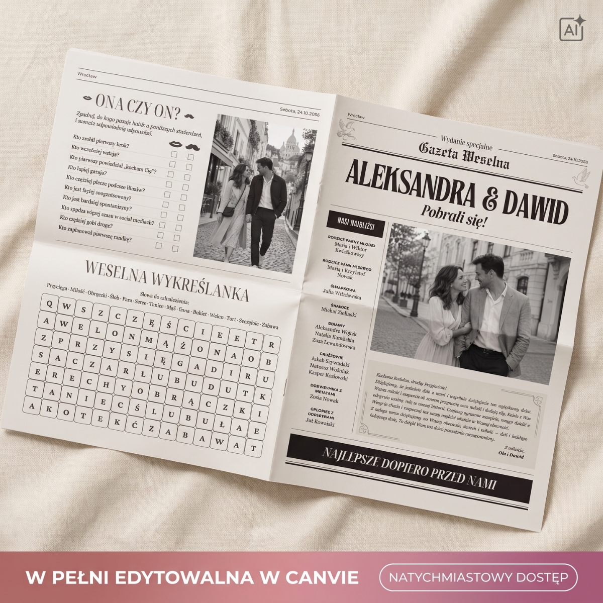 Otwarta gazeta weselna z grami ślubnymi i nagłówkiem Aleksandra i Dawid pobrali się na beżowym tle
