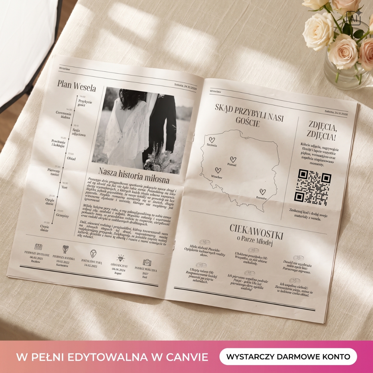 Rozkładówka gazety weselnej z harmonogramem planu wesela, historią miłosną, mapą gości i kodem QR na jasnym tle