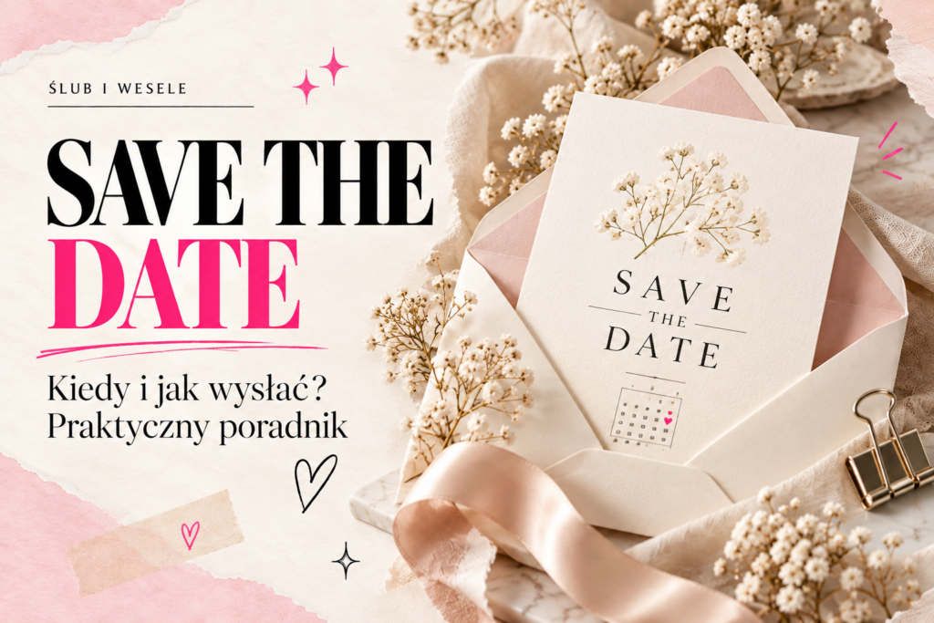 Okładka poradnika „Save the date – kiedy i jak wysłać?” z kartką ślubną w kopercie, różową wstążką i delikatnymi kwiatami.