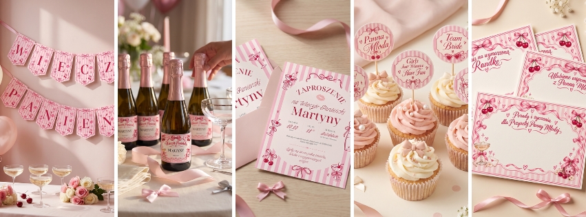 Różowe dekoracje na wieczór panieński Maraschino – girlanda, etykiety na prosecco, zaproszenie, toppery i karteczki z życzeniami