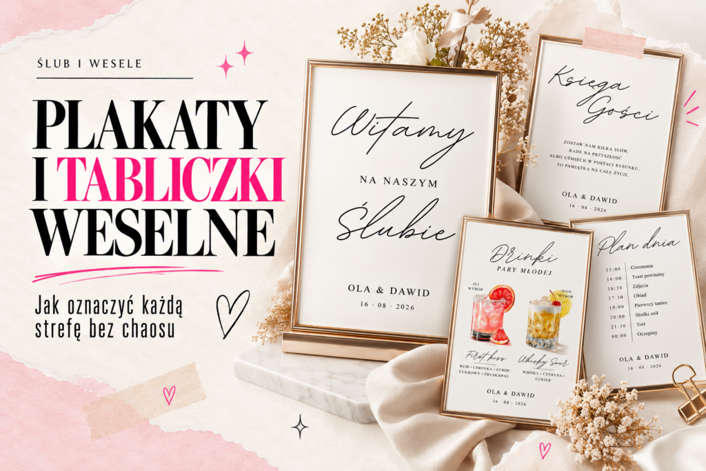 Plakaty i tabliczki weselne do oznaczenia stref – tablica powitalna, plan dnia, księga gości i menu drinków.