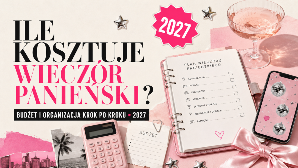 Okładka wpisu „Ile kosztuje wieczór panieński?” z planerem, kalkulatorem i kieliszkiem prosecco w różowym stylu Pretty Party Studio.