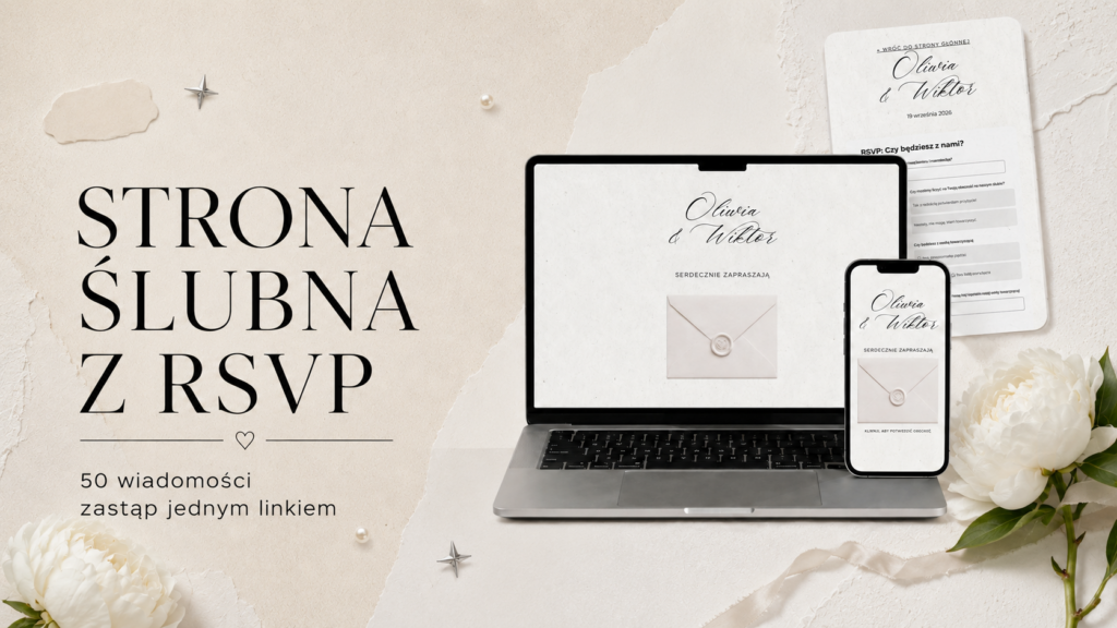 Strona ślubna z formularzem RSVP wyświetlona na laptopie i telefonie, otoczona białymi piwoniami i beżowymi detalami.