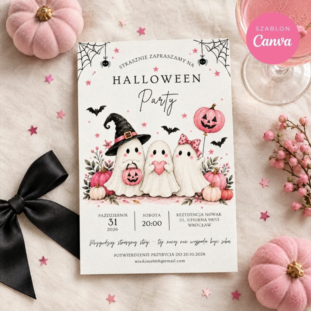 Zaproszenie na Halloween z różowymi duszkami na kremowym lnie, obok różowe dynie, czarna kokarda i różowy drink