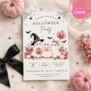 Zaproszenie na Halloween z różowymi duszkami na kremowym lnie, obok różowe dynie, czarna kokarda i różowy drink