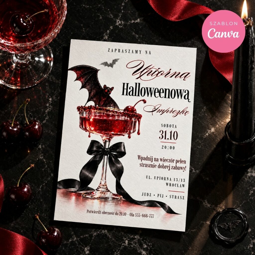 Zaproszenie na Halloween z nietoperzem i czerwonym drinkiem na czarnym marmurze, obok wiśnie, świeca i czerwona wstążka