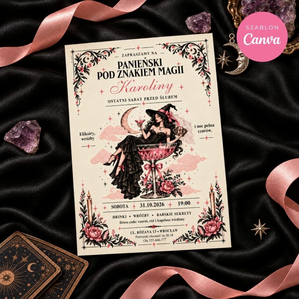 Zaproszenie „Panieński pod znakiem magii” z ilustracją wiedźmy w różowym kieliszku, na czarnym tle z kryształami i kartami tarota.