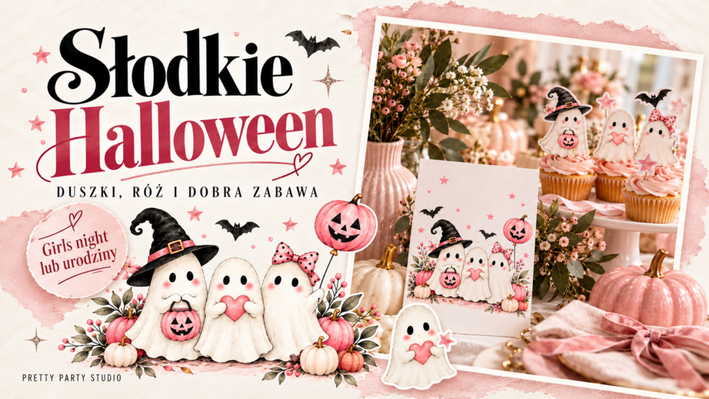 Słodkie Halloween w różowym stylu: akwarelowe duszki, różowe dynie, zaproszenie i babeczki z topperami na girls night lub urodziny dziecka.