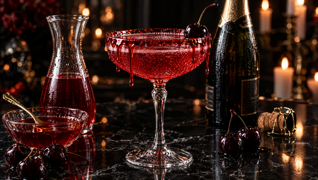 Drink wieczoru: Krwawa Wiśnia - kieliszek coupe z czerwonym drinkiem, zacieki z miodu na brzegu, wisienka, obok karafka, miseczka czerwonego miodu i prosecco.
