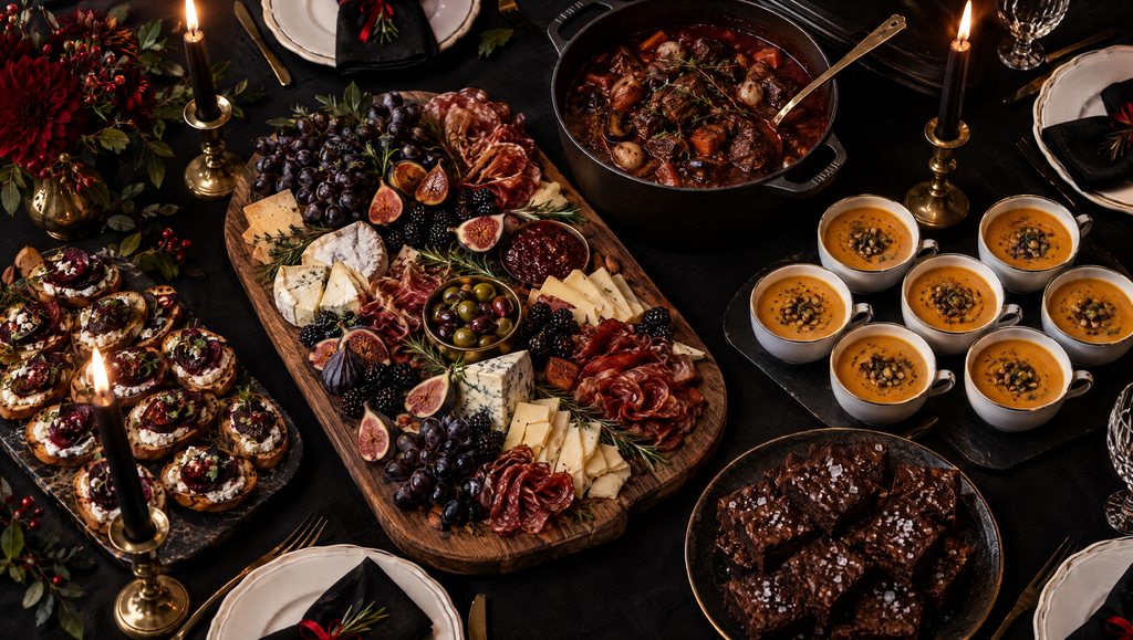Menu: wszystko gotowe przed przyjściem gości - bufet bez ludzi: deska serów z figami i jeżynami, grzanki z kozim serem i burakiem, gulasz w żeliwnym garnku, krem z dyni w kubeczkach, brownie.
